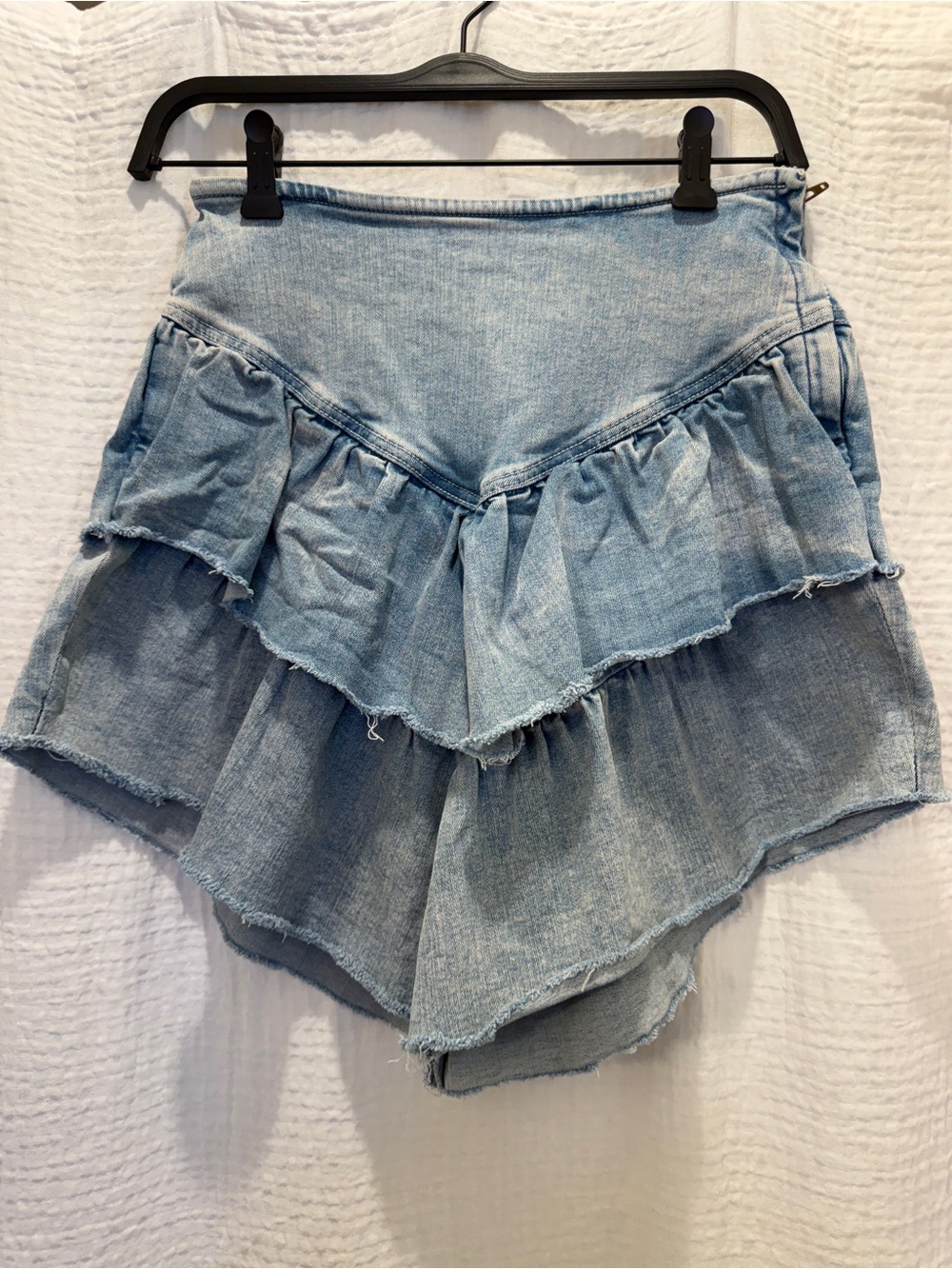 MOTHER Denim The Ruffle Mini Raw Edge Skirt in Action Shot